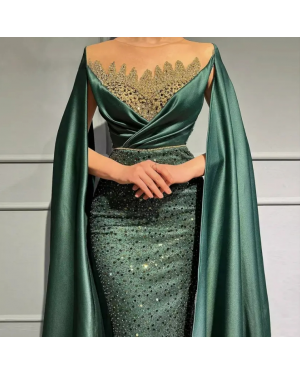  Luxury Elegant Mermaid Sequined evening dress With Cape For Women Plus Size with Pearls